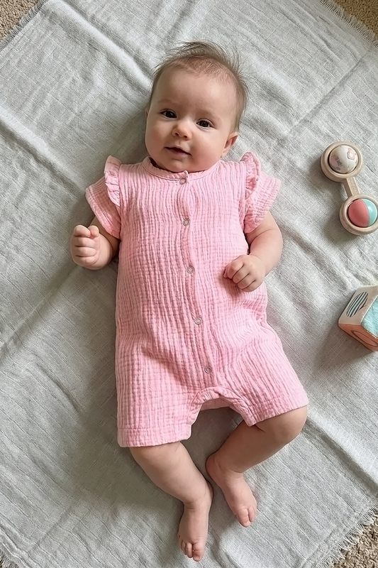 Baby Musselin Jumpsuit mit Rüschen – Rosa
