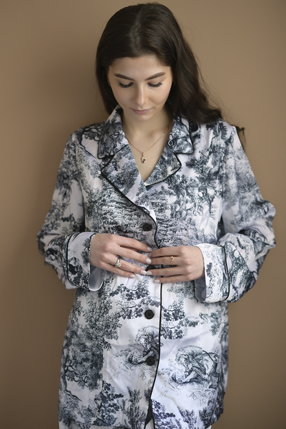 Damen Sommeranzug Toile de Jouy Grau| Leichtes 2-teiliges Kostüm